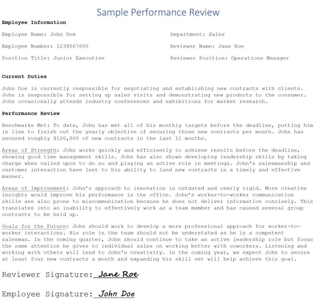 Sample Manager Comments On Performance Review Examples Antimilo   SamplePerformanceReview 1page 1 1024x978 