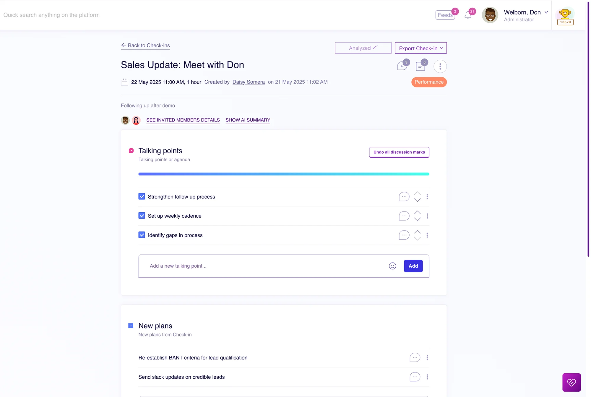 Get quick AI check-in meeting summaries